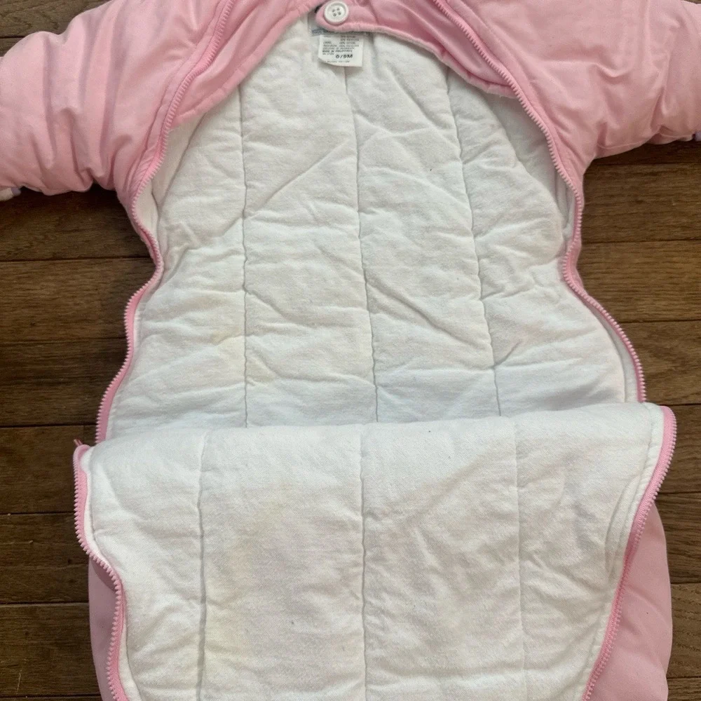 Vintage OshKosh Rare Girls Snowsuit Pink Teddy Bear Hooded Insulated Size 0/9M